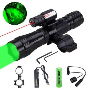 5000LM XM L Q5 T6 LED Jakt ficklampa Taktiskt vapenlampa med rött laser DOT Sikt Rail Barrel Scope Mount Fjärrtryck W220311