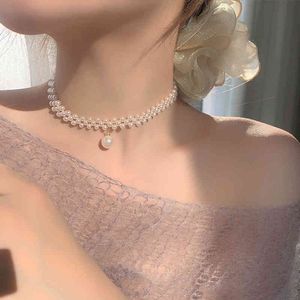 Trendig Fine 14K Real Gold Pearl Kedja Hängsmycke Halsband för Kvinnor Temperament Romantiska Koreanska Mode Smycken Sommar Ins Gift