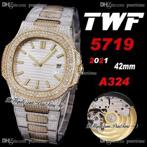 2021 TWF 5719 Cal A324 Mens Automático Assista Dois Tom Yellow Gold Paved Diamonds Case Silver Dial Gelado Pulseira Diamante Super Edição Jóias Relógios Puretime D04