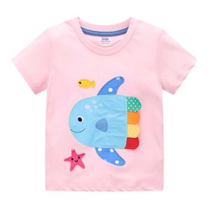 ジャンプメーター夏の女の子Tシャツの魚のアップリケかわいい動物刺繍販売綿の赤ん坊の服ファッショントップ210529