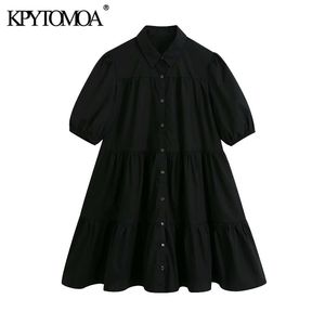 Women Chic Fashion Button-up Ruffled Mini Dress Vintage Lapel Collar Puff Sleeve Female Dresses Vestidos Mujer 210416