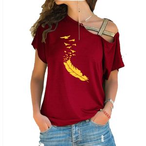 여자 티셔츠 2021 여름 여자 Tshirt 캐주얼 짧은 슬리브 탑 티 섹시 불규칙한 깃털 프린트 티셔츠 느슨한 플러스 사이즈
