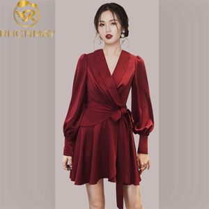 Wysokiej Jakości Czarne Czerwone Wino Koszula Office Sukienka Wiosna Kobiety Z Długim Rękawem V-Neck Fold Waist Draped Sexy Party Mini 210506