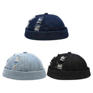 Vintage Docker Cap Ripped Brimless Cap in Denim Breathable Beanie Japanese Retro Style Adjustable O18 21 Dropshipping Y21111