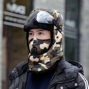 Unisex camuflagem inverno chapéus com máscara Bomber chapéu Rússia Capper Capper Masculino Óculos Faux Pele Fur Earflap Tampão