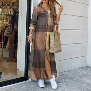 ZANZEA Mujeres Casual Camisa Vestidos 2021 Verano Media Manga Fiesta Sundress Otoño Plaid Robe Vintage Pure Maxi Vestido De Mujer Y0726