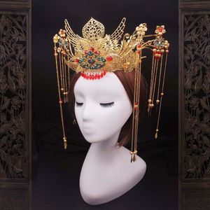 Hårklipp Barrettes DIY Materialpaket Kinesisk stil Bröllop Phoenix Crown Bride Headpiece Traditionell Coronet Long Tassel Tiaras