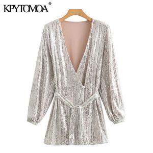 Kvinnor Chic Mode med Bälte Glänsande Sequin Wrap Mini Dress Deep V Neck Långärmad Kvinna Klänningar Vestidos 210420