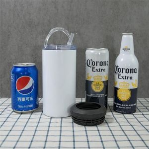 4 in 1 16oz Sublimation Straight Beer Cooler White Blank Tumblers With 2 Lids Stainless Steel cola Can cooler Double Insulated Cold Water Bottles multi-function cans