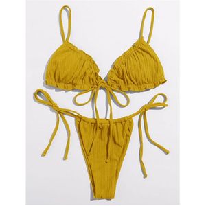 Brasilianischer Micro-Bikini-Set, sexy String-Badeanzug, weiblich, plissiert, gelb, Badebekleidung, Damen, Mini-Badeanzug 210712
