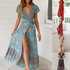 Women Dresses 2021 Sexy V-neck Floral Print Summer Boho Dress Women's Clothing Vintage Casual Beach Vacation Long Dress Vestido X0705