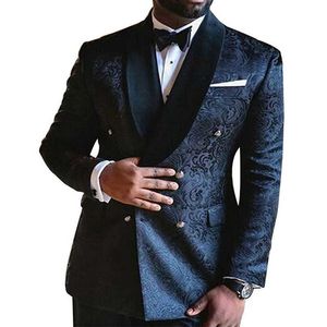 Floral Jacquard Slim fit Men Suits with Double Breasted Navy Blue Wedding Tuxedo for Groomsmen Black Shawl Lapel Man Fashion Set X0909