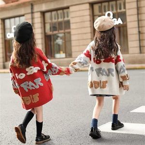 Sweter z dzianiny Dzieci zimowe ubrania dla dziewczyn bawełna z długim rękawem pojedyncze breaded Cute Cardigan Dzieci dzianiny 211106