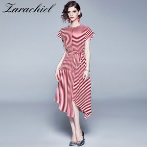 Camicia asimmetrica manica a spalla caduta Summer Vintage Office Lady Suashes Red Striped Print Casual Midi Party Dress 210416