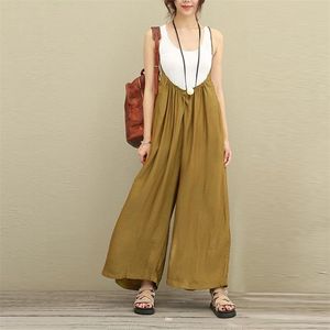 Women Overalls Wide Leg Pants Vocation Dungarees Casual Cotton Linen Jumpsuits Long Trousers Plus Size S-5XL Rompers 210607