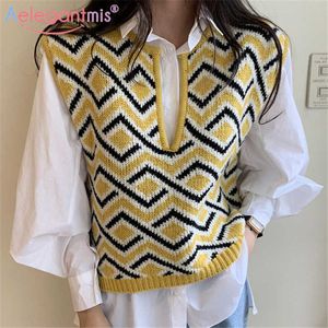 Aelegantmis 90s vintage mulheres coreanas argyle v pescoço de malha colete de cor primavera bloco de cor fêmea camisola de rua camisola 210607