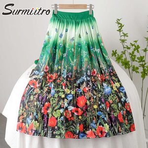 Surmiitro Moda Verão Midi Saia Longo Mulheres Estilo Coreano Cópia Floral Verde Cintura Cintura High Cintura Feminina 210712