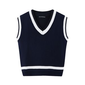 Vintage tjejer söta v nacke stickade väst pullovers vår mode damer söta korta tröjor casual kvinnor chic waistcoat 210427