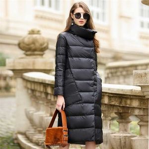 Duck down jacket kvinnor vinter ytterkläder rockar kvinnlig lång avslappnad ljus ultra tunn varm puffer jacka parka märkes 211013
