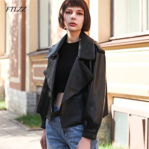 Black Short Loose Leather Jacket Autumn Winter Soft Faux High Street Casual Outwear Red Ladies Biker 210430