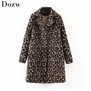 Kvinnor Mode Leopard Långt kappa Vinter Slå ner Kragefickor Tjockad Varm Jacka Sleeve Streetwear Outwear Manteau Femme 210515