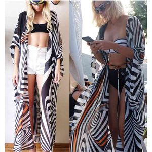 Zebra-Prit Chiffon Beach Cover Up Tunics Длинные KAFTAN Bikini Kimono Robe De Plage Sarong Купальник для купальника Женская одежда 210722