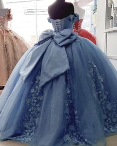 2021 Голубое бальное платье Quinceanera Платья с открытыми плечами Кружева Хрустальные бусины Жемчуг с цветами Тюль Плюс размер Sweet 16 Party P292l