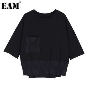 [EAM] Kadınlar Siyah Mavi Büyük Boy Pileli Cep Rahat T-Shirt Yuvarlak Boyun Kısa Kollu Moda İlkbahar Yaz 1dD6739 21512