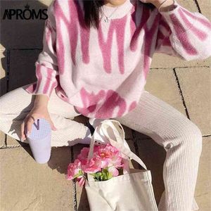 Aproms Elegante Koreanische Mode Rose Streifen Druck Lange Pullover Frauen Winter Streetwear Rosa Gestrickte Pullover Lose Oberbekleidung 210914