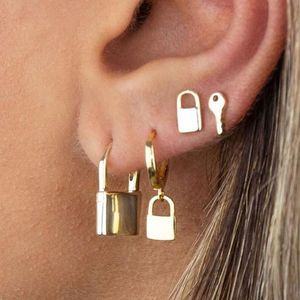 Stud 4pcs/Set Punk Padlocktasten Ohrringe für Frauen Mädchen coole geometrische Schlossform Ohren Ohrstock Sets Schmuck Bijoux