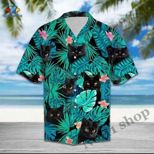 Siyah Kedi Tropikal Hawaii Gömlek Yaz Varış S Erkekler Baskı Kısa Kollu Hawaii Rahat Çiçek Beach S 210721