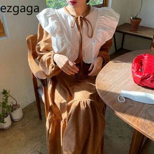 Ezgaga mulheres vestido coreano chique bateu cor plissada retalhos lace up manga longa babados solto alta cintura vestido elegante vestidos 210430