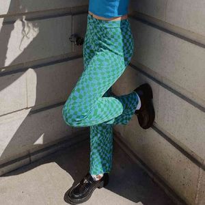 夏のヴィンテージの高い腰のズボン女性韓国のファッション市松模様のスウェットパンツ210415