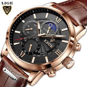 Relogio Masculino Mens Watches LIGE Top Brand Leather Chronograph Waterproof Sport Automatic Moon phase Quartz Watch For Men 210804