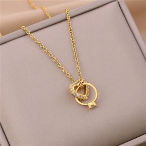 Pendant Necklaces Cute Romantic Zircon Inlaid Heart Ring Cross Women Clavicle Necklace Exquisite No Fade Gold Color Ladies Wedding Jewelry