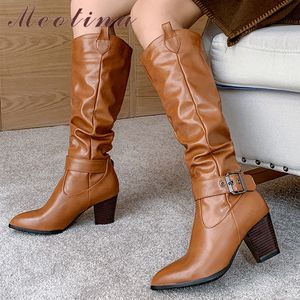 Western Boots Women Shoes Pleated High Heel Knee-High Pointed Toe Thick Heels Buckle Lady Long Boot Winter Size 210517