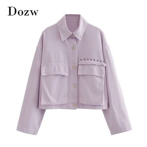 Mulheres soltas maciço jaqueta grande bolso borla chique casaco outerwear batwing manga longa cor roxa cor curta fêmea 210515