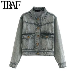 TRAF Women Fashion Acid Wash Cropped Denim Jacket Coat Vintage Långärmade Fickor Kvinnor Ytterkläder Chic Toppar 210415