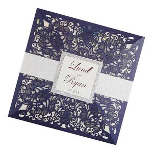 25Set Blue Laser Cut Bröllop Inbjudningar Anpassad Fold Blank Print Invitation Card Thanksgiving Greeting Cards Anniversary
