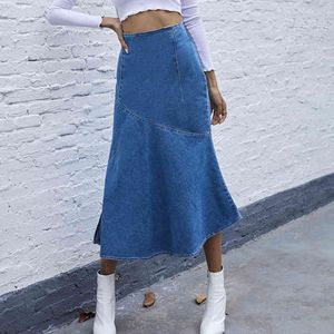 Fashion denim Cotton Ruffles Hip pencil long skirt Womens autumn winter Denim Skirt womens Mid-Calf Vintage denim skirts 210514