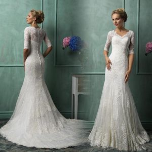 Halvlångärmar Lace Mermaid Bröllopsklänningar med Appliques Custom V Neck Court Train Bridal Gowns Vestido de Noiva Amelia Sposa