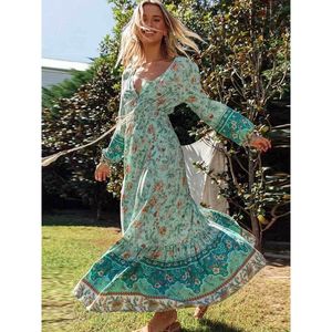 INSPIRED turquoise summer V-neck long sleeve bohemian hippie women new casual dress female 210412