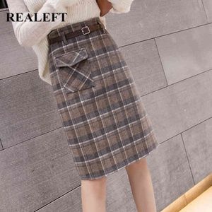 Autumn Winter Woolen Vintage Plaid Straight Women's Skirts with Belt High Waist Chic Midi Female Pockets 210428