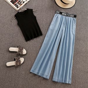 Summer Fashion Women's Sleeveless Knitted Tops + High Waist Denim Pants two-piece Sets Female Casual Suits A1663 210428