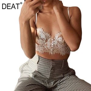 Women Black Patchwork Lace Button Tank Tops V-collar Sleeveless Breast Wrap Slim Fit Fashion Tide Summer 7D069200 210421