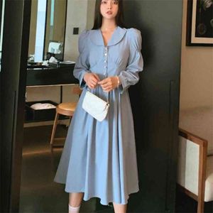 Vintage French High Waist Blue A-Line Slim Lång Klänning Kvinnor Mode Casual Vestidos Elegant Koreansk Office Lady Sukienka 210514