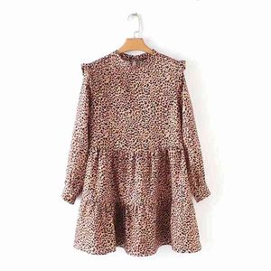 women vintage pleated ruffles leopard print mini dress female o neck long sleeve casual vestidos chic sweet dresses DS1946 210420