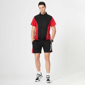 Erkek fermuar üst takım elbise spor giyim yaz hızlı kurutma yaka kısa kollu t-shirt iki parçalı set koşu nefes casual eşofman