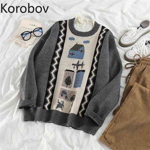 Korobov Japanese Style Knitted Jacquard Vintage Women Sweaters Korean O Neck Long Sleeve Winter Pullovers Harajuku Sueter Mujer 210430
