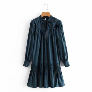 Sweet Women Stand-up collar Folds Dress Spring-autumn Fashion Ladies French Female Waist Puff Sleeves Mini 210515